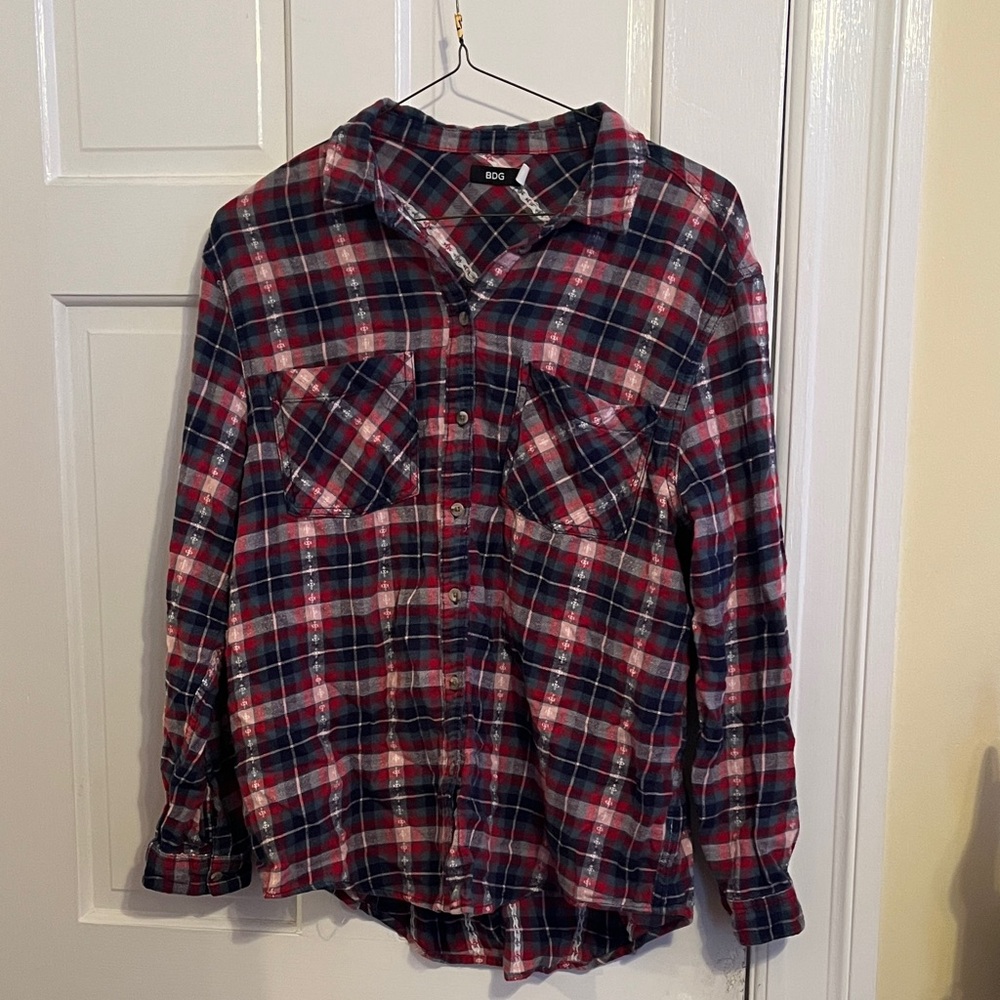 Urban Outfitters BDG Plaid Flannel Shirt Red Blue Large 100% Cotton Grunge